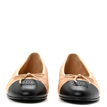 Chanel Lambskin Quilted CC Cap Toe Ballerina Flats 40 Beige Black 3 of 10