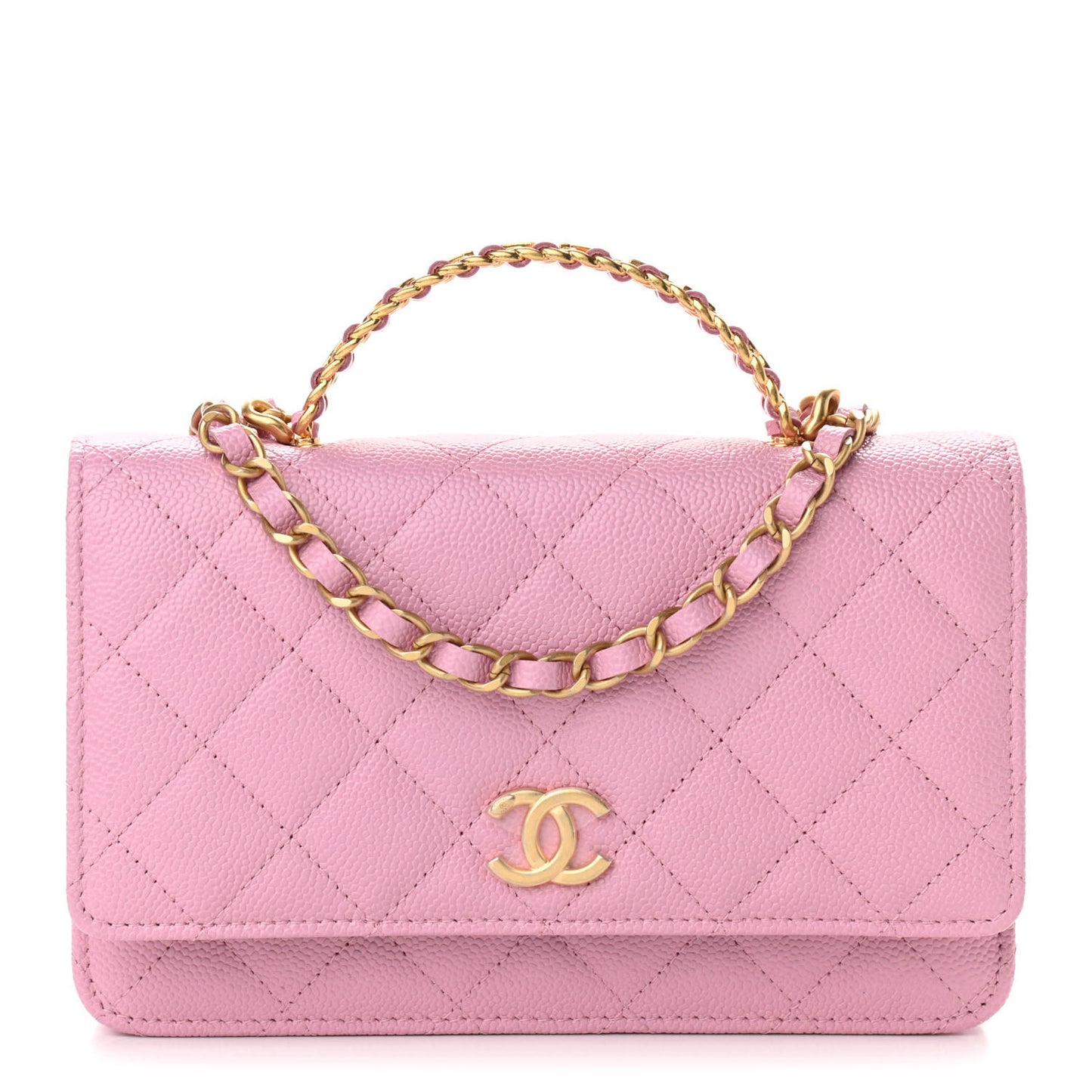 Shiny Caviar Quilted Pick Me Up Wallet On Chain WOC Pink