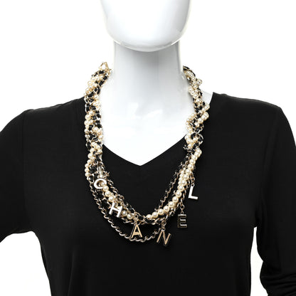 Chanel Lambskin Pearl Logo Chain Necklace Black Gold 2 of 6