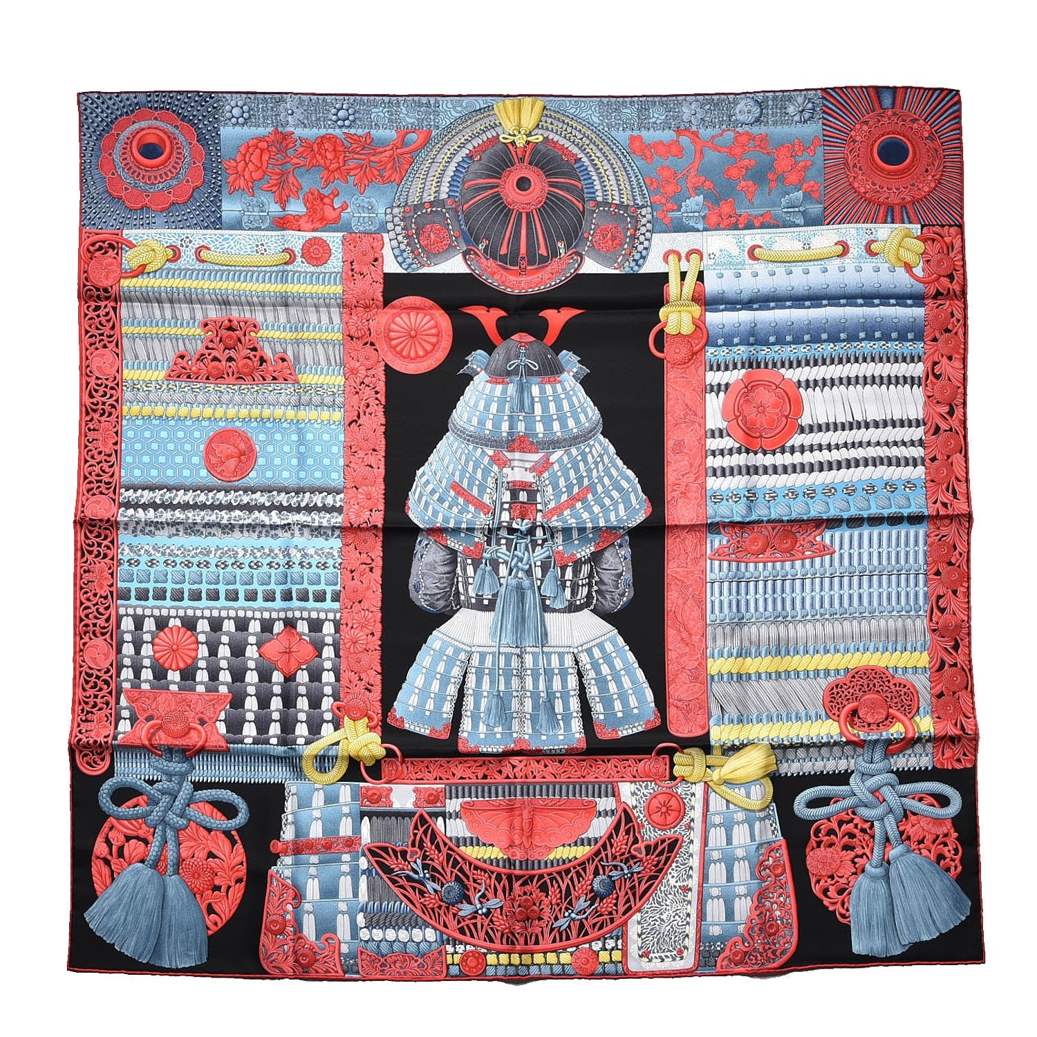 Hermes Silk Parures de Samouraïs Scarf 90 Black Rouge Blue Jean 1 of 4
