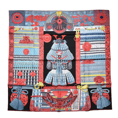 Hermes Silk Parures de Samouraïs Scarf 90 Black Rouge Blue Jean 1 of 4