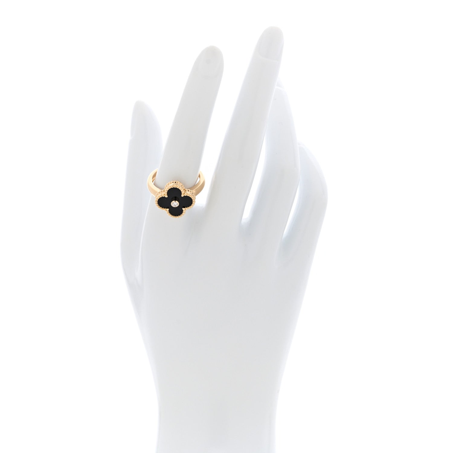 Van Cleef & Arpels 18K Yellow Gold Black Onyx Diamond Vintage Alhambra Ring 56 7.5 2 of 5