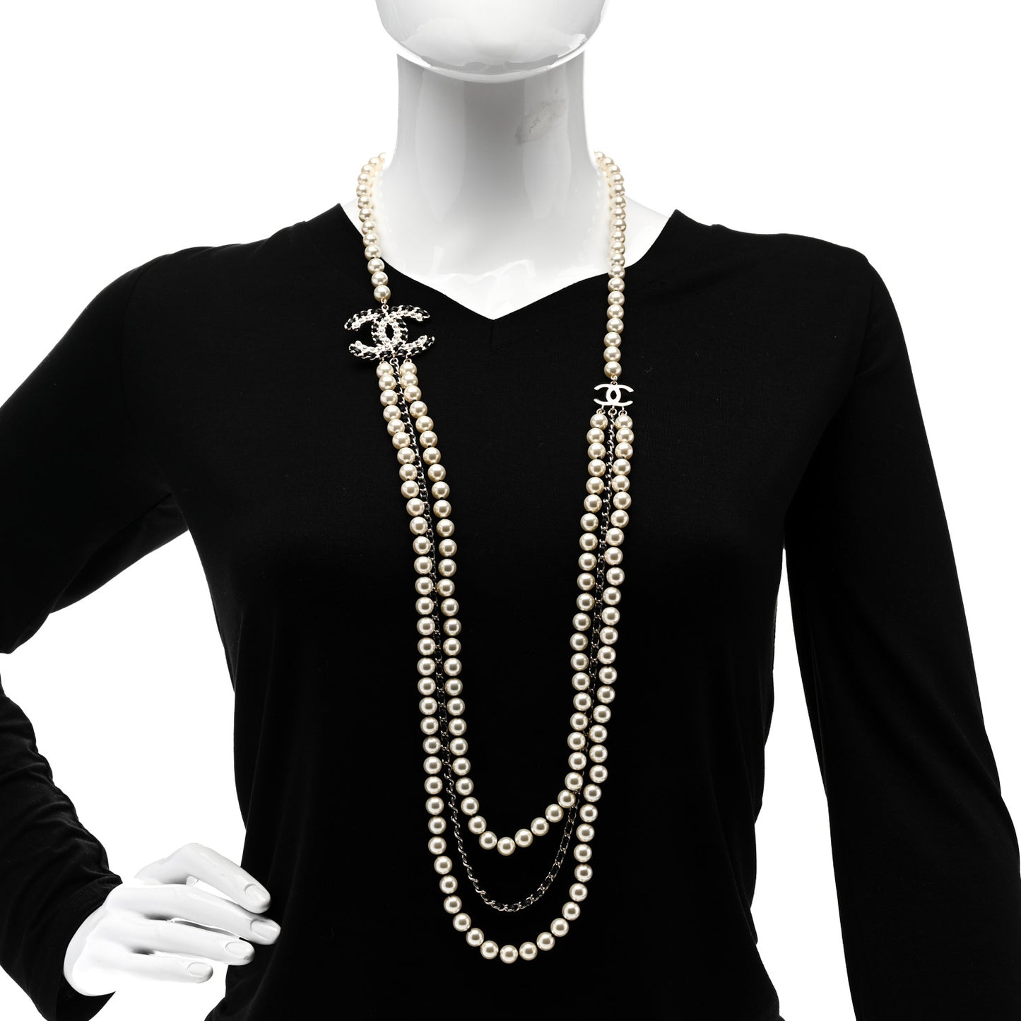 Pearl Lambskin Crystal CC Vintage Allure Necklace Gold Black