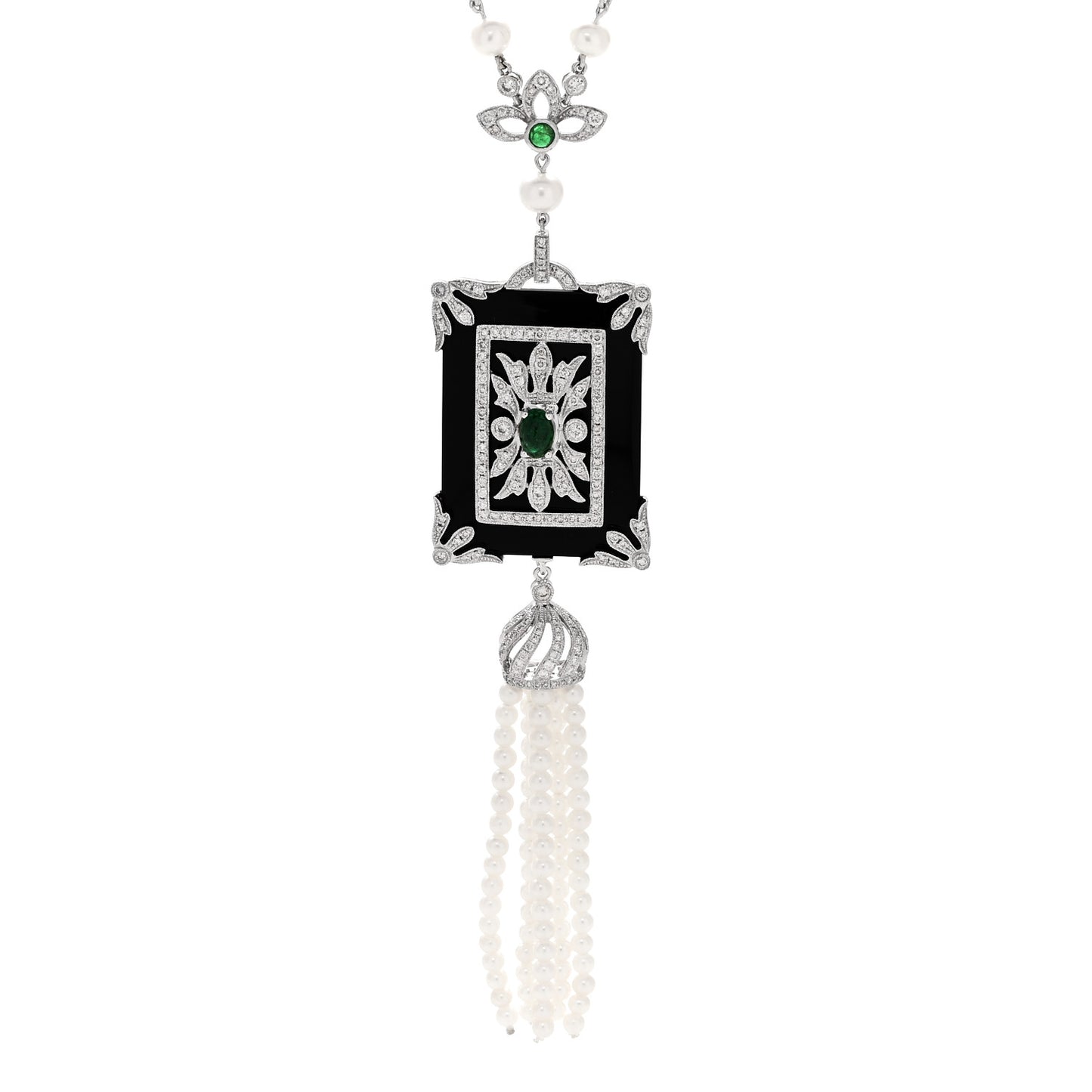 18K White Gold Diamond Emerald Black Onyx Cultured Pearl 1.45ctw Art Deco Tassel Pendant Necklace