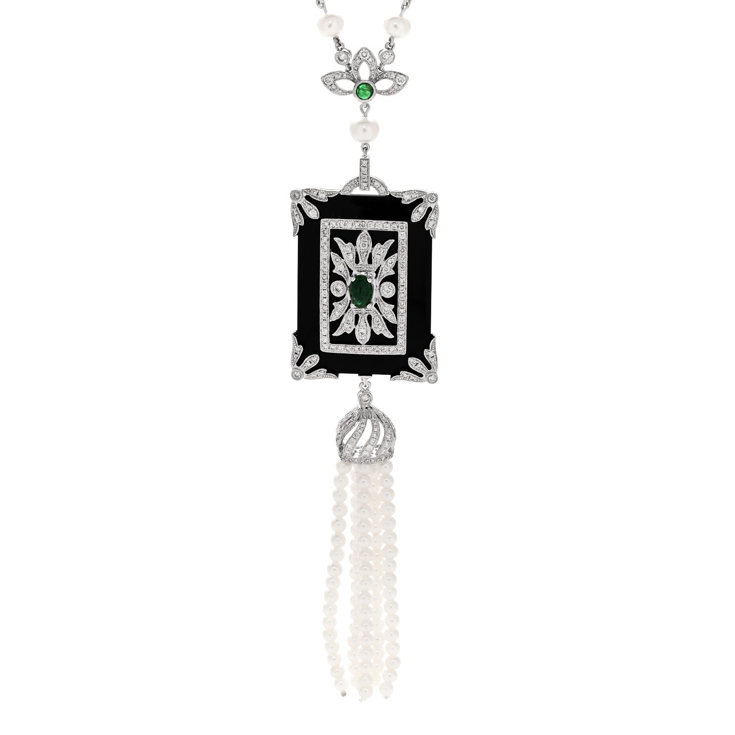Parker & West by FASHIONPHILE 18K White Gold Diamond Emerald Black Onyx Cultured Pearl 1.45ctw Art Deco Tassel Pendant Necklace 4 of 6