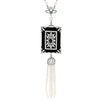Parker & West by FASHIONPHILE 18K White Gold Diamond Emerald Black Onyx Cultured Pearl 1.45ctw Art Deco Tassel Pendant Necklace 4 of 6