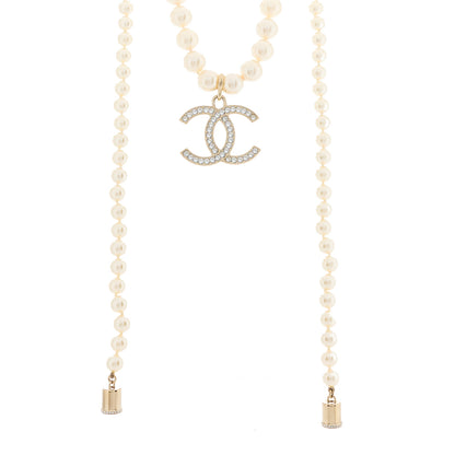 Chanel Pearl Crystal CC Airpods Necklace Gold 1 of 3