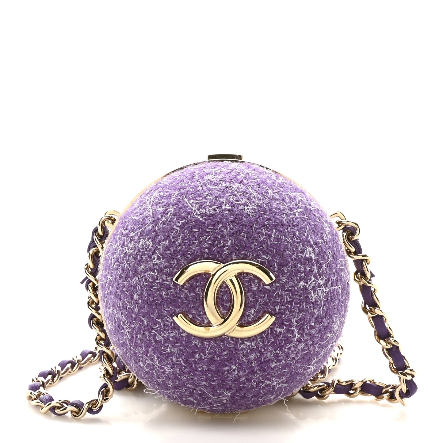 Tweed Minaudiere Round Chain Clutch Purple