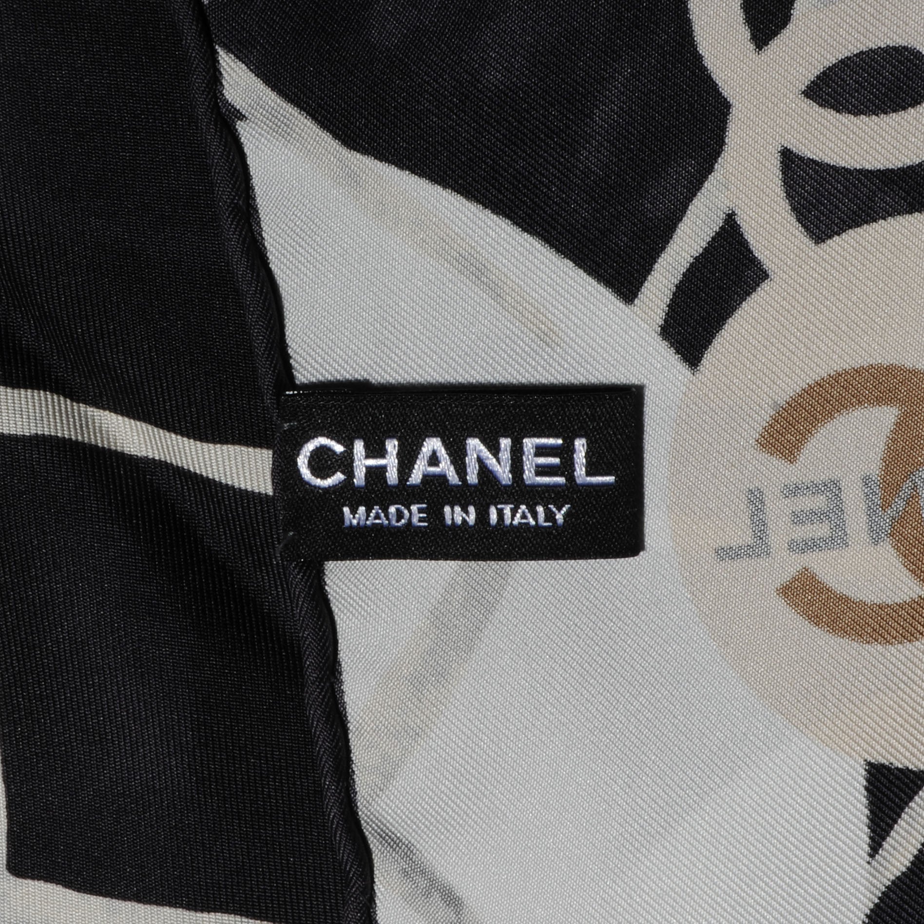 Chanel Silk CC Logo Camellia Scarf White Black 4 of 5
