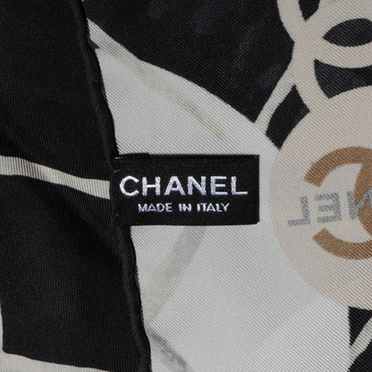 Chanel Silk CC Logo Camellia Scarf White Black 4 of 5