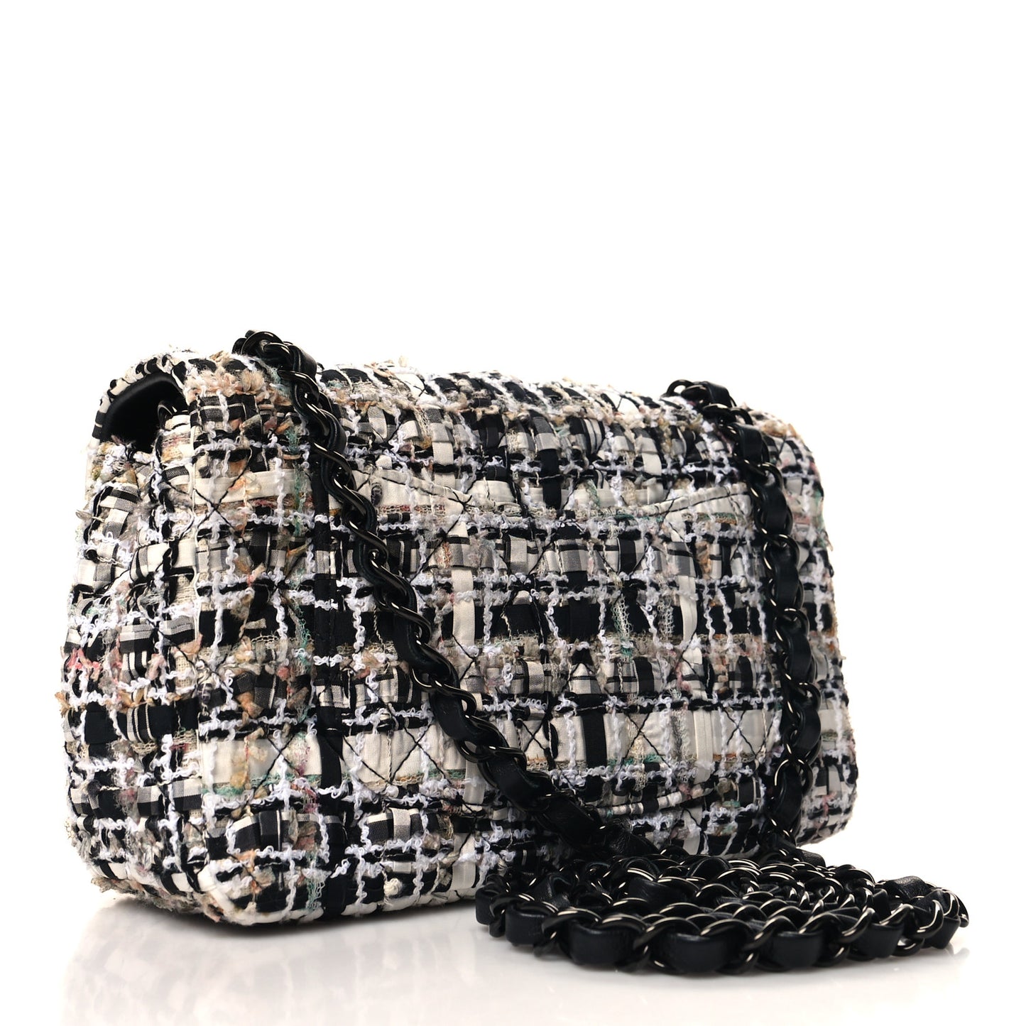 Tweed Quilted Mini Rectangular Flap White Black Multicolor