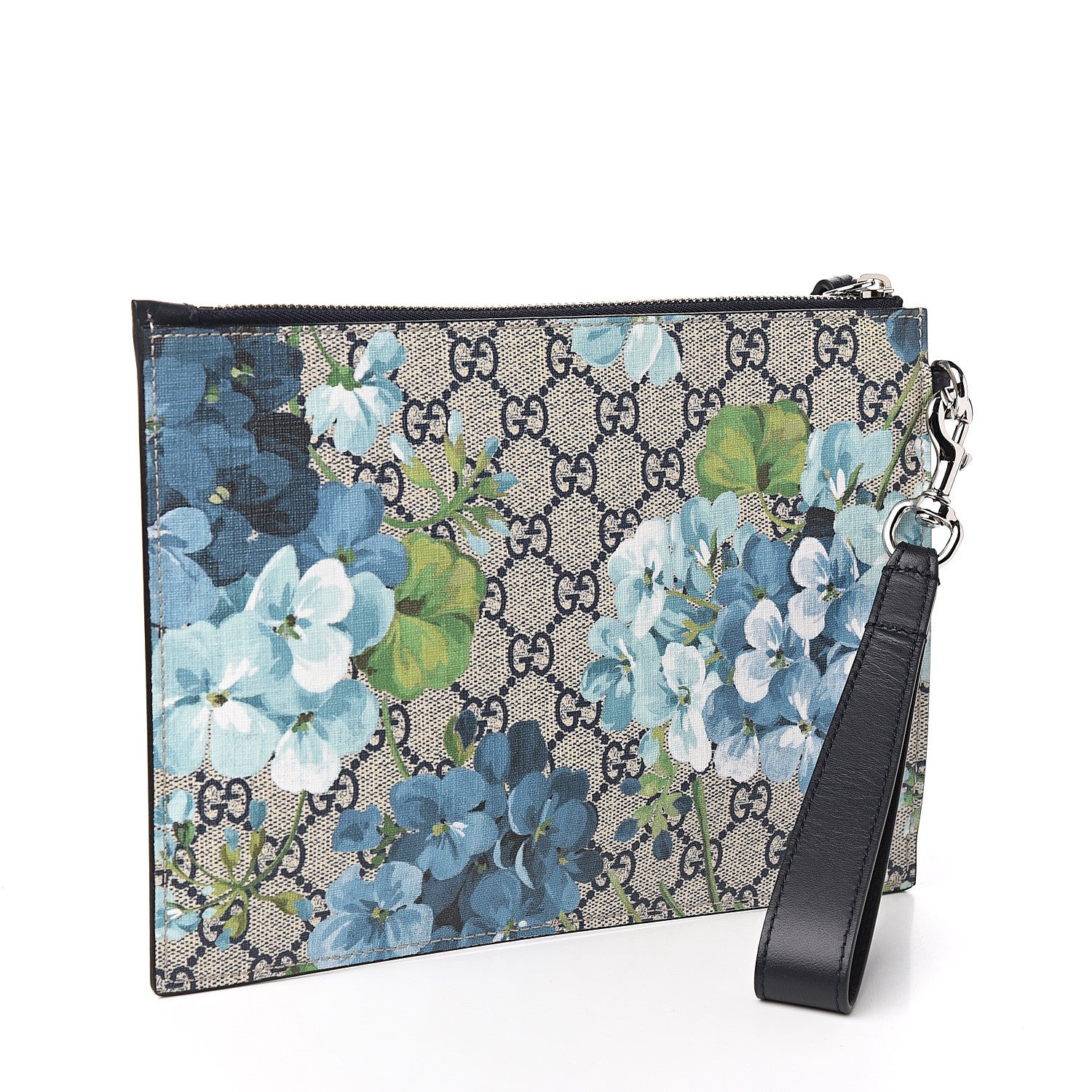 Gucci GG Supreme Monogram Blooms Small Zip Wristlet Pouch Beige Blue Black 2 of 6