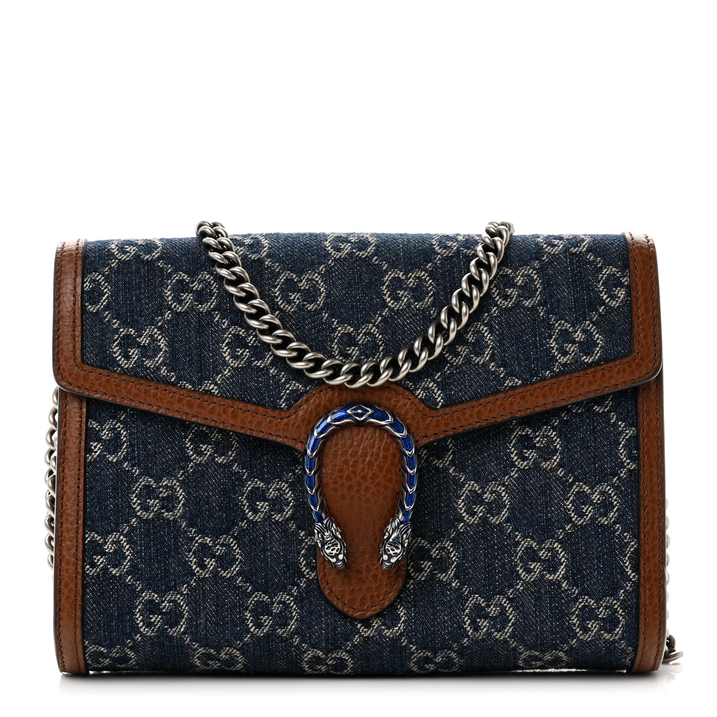 New Denim GG Monogram Dollar Calfskin Enamel Mini Dionysus Chain Wallet Blue Tea Cuir Epilog Electric Blue