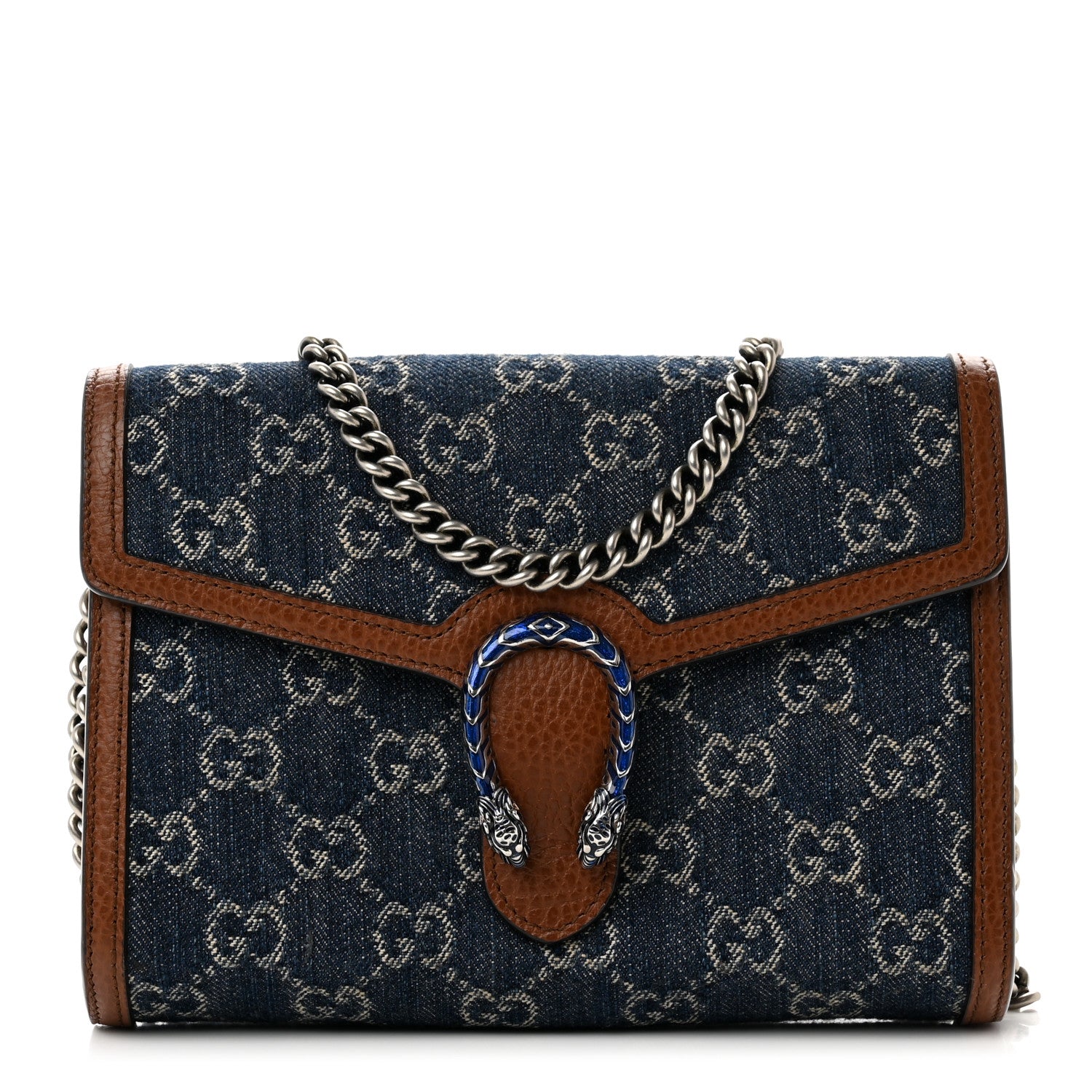 Gucci New Denim GG Monogram Dollar Calfskin Enamel Mini Dionysus Chain Wallet Blue Tea Cuir Epilog Electric Blue 1 of 9