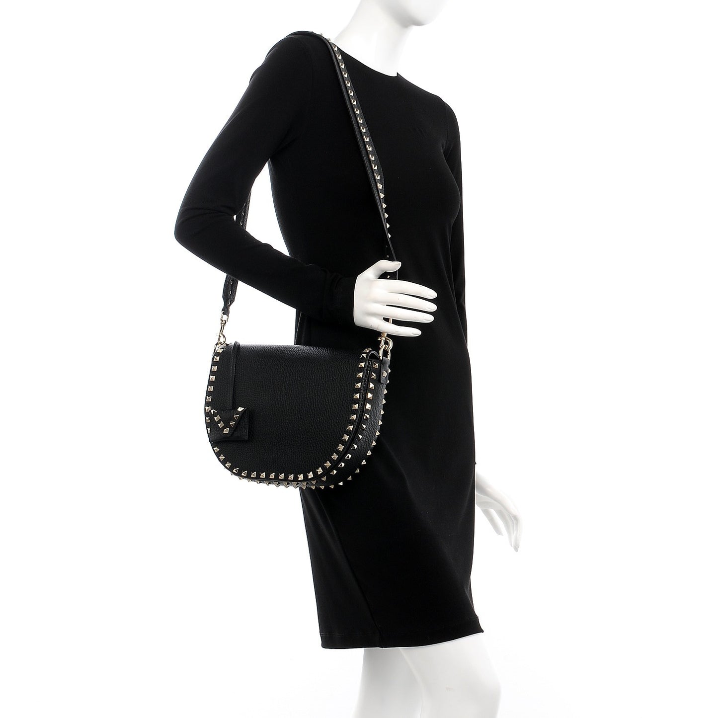Grained Calfskin Rockstud Halfmoon Saddle Bag Black