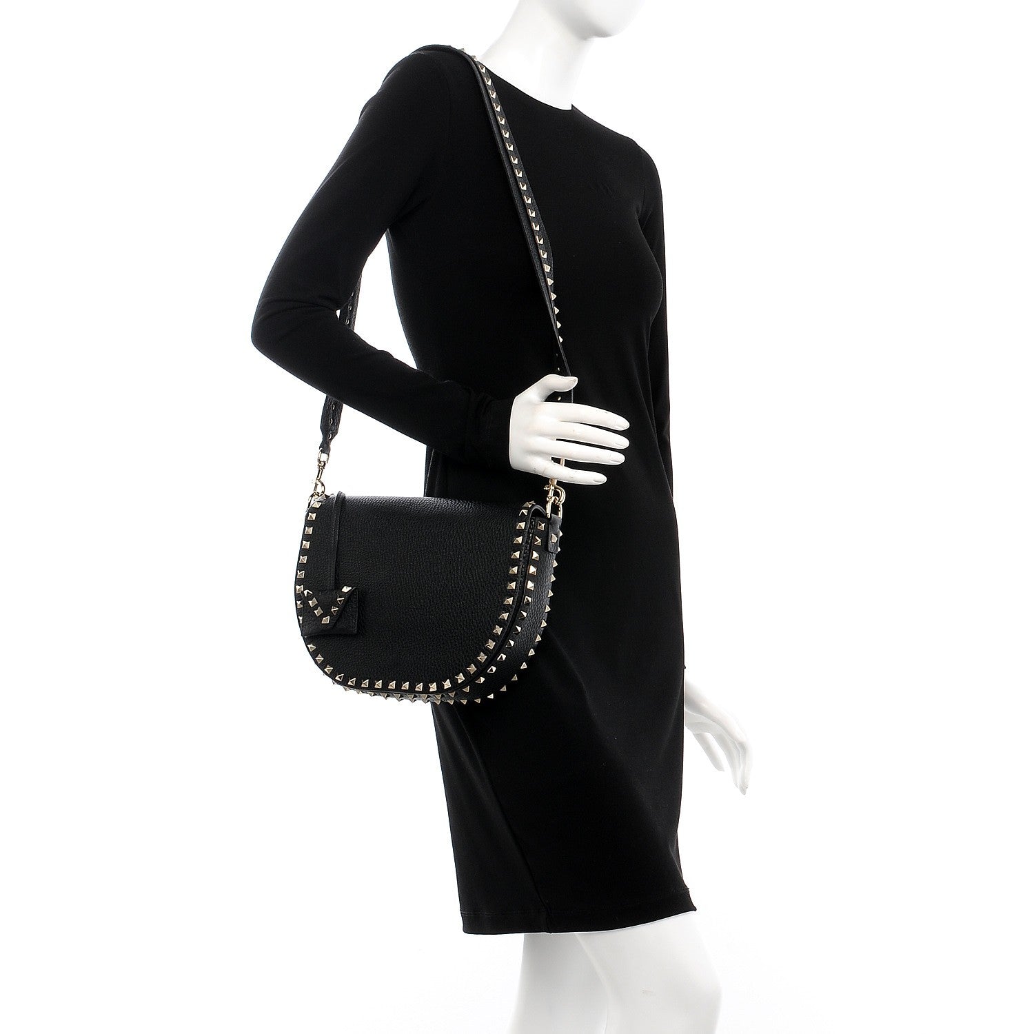 Valentino Garavani Grained Calfskin Rockstud Halfmoon Saddle Bag Black 2 of 7