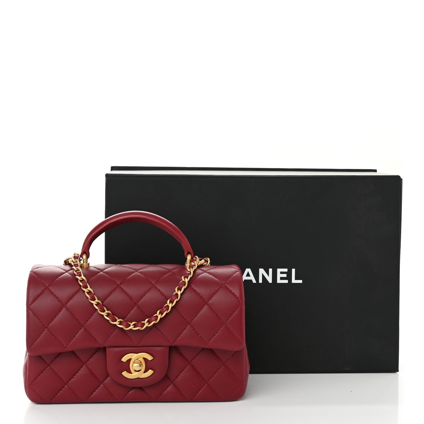 Lambskin Quilted Mini Top Handle Rectangular Flap Burgundy