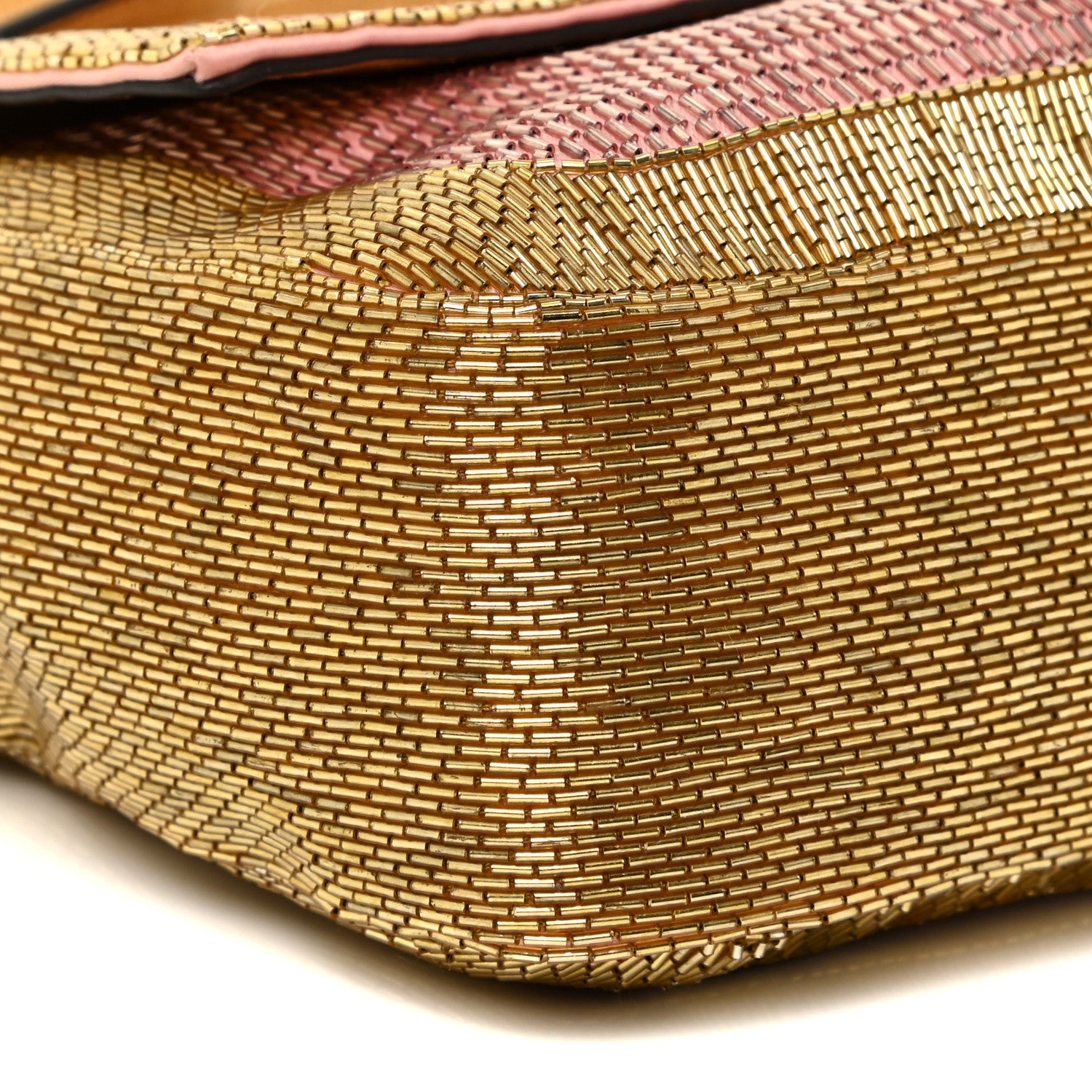 Fendi Vitello Catalan Mirror Bead Embroidered Baguette Rosa Pesca Gold 9 of 17