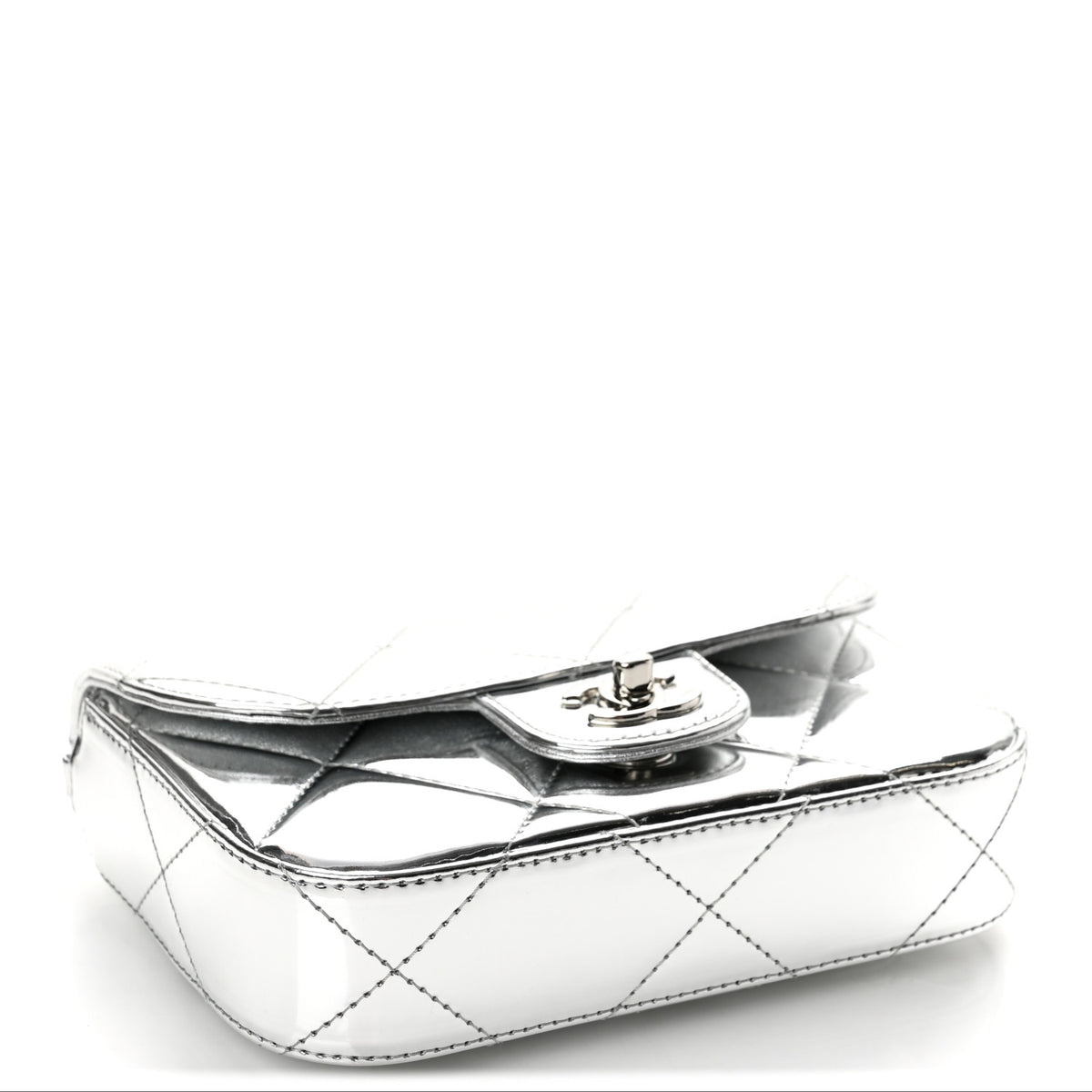 Mirror Calfskin Small Top Handle Clutch With Chain Silver