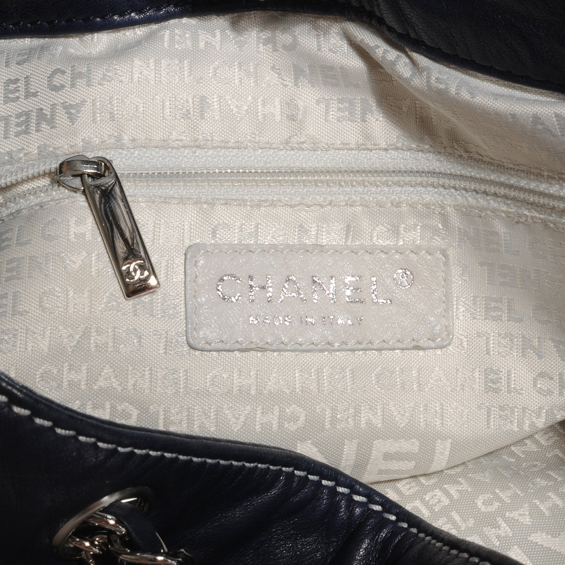 Chanel Leather Contrast Stitch Drawstring Tote Navy 6 of 9
