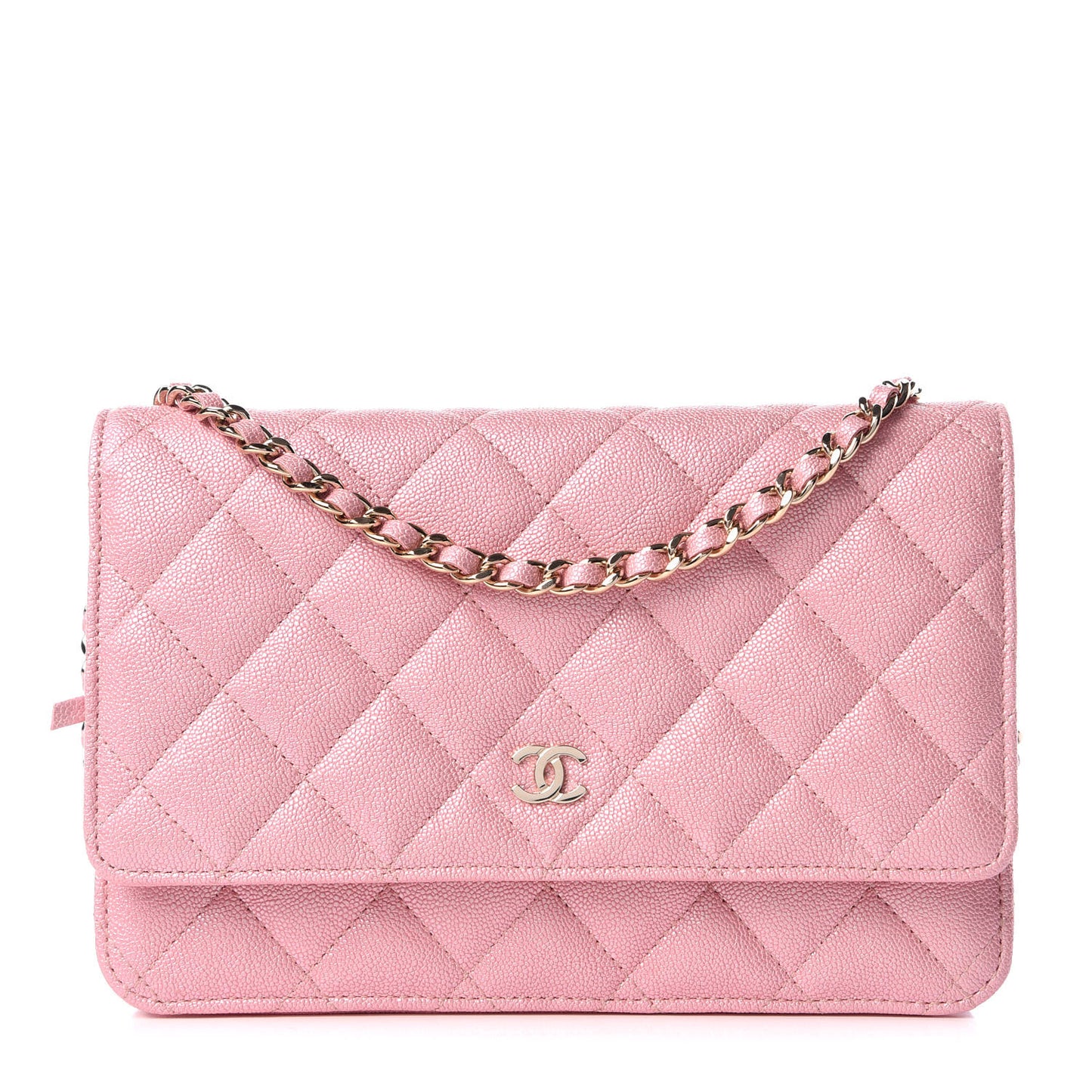 Iridescent Caviar Quilted Wallet on Chain WOC Rose Pink