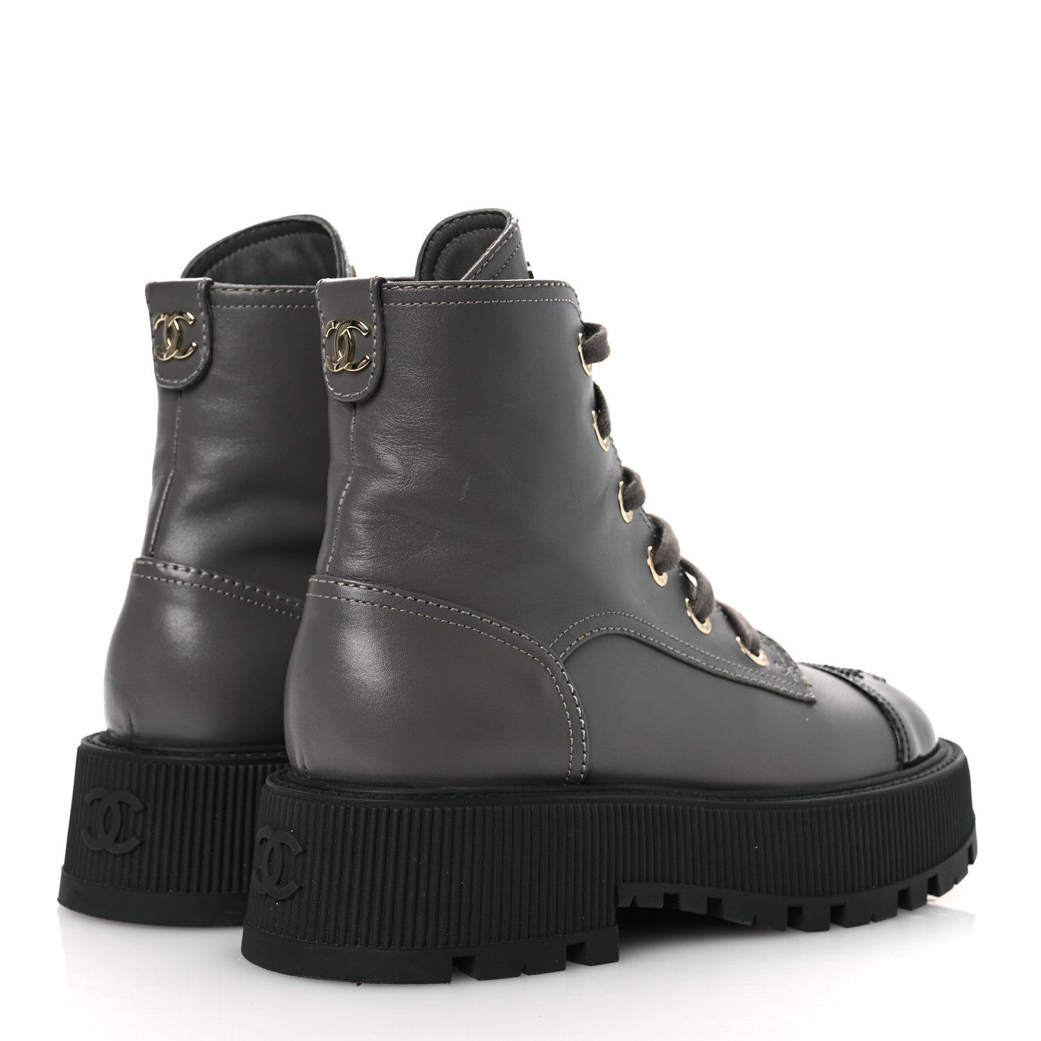 Chanel Calfskin Patent Calfskin CC Lace Up Combat Boots 36.5 Gray Black 5 of 11