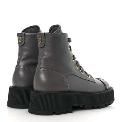 Chanel Calfskin Patent Calfskin CC Lace Up Combat Boots 36.5 Gray Black 5 of 11