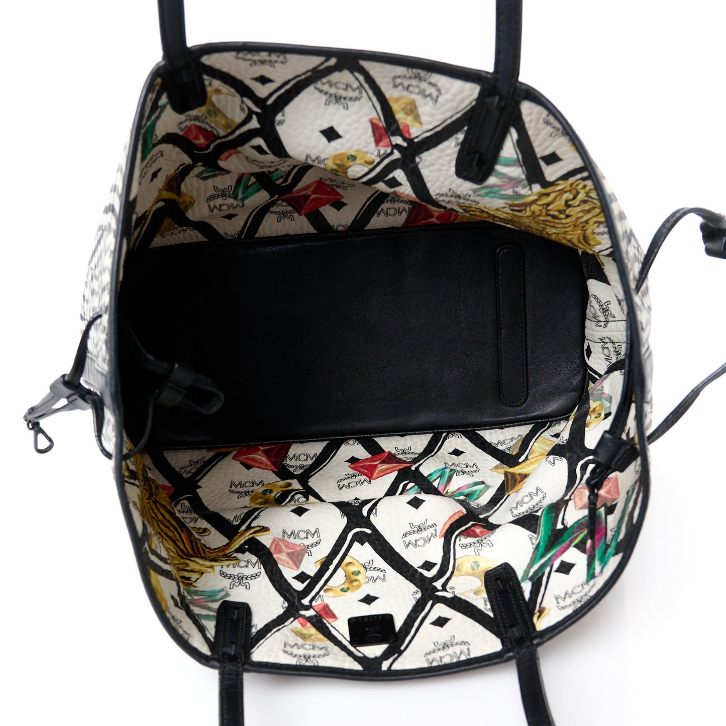 Visetos Calfskin Motif Rombi Lion Printed Reversible Shopper Tote White