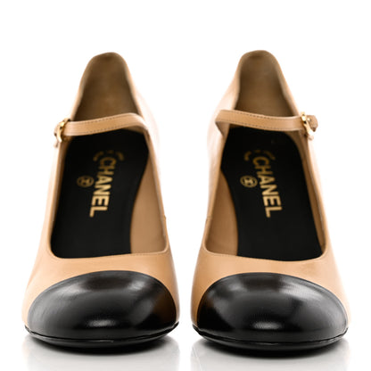 Chanel Shiny Goatskin Pearls Cap Toe Open Slingback Pumps 40 Beige Black 2 of 12