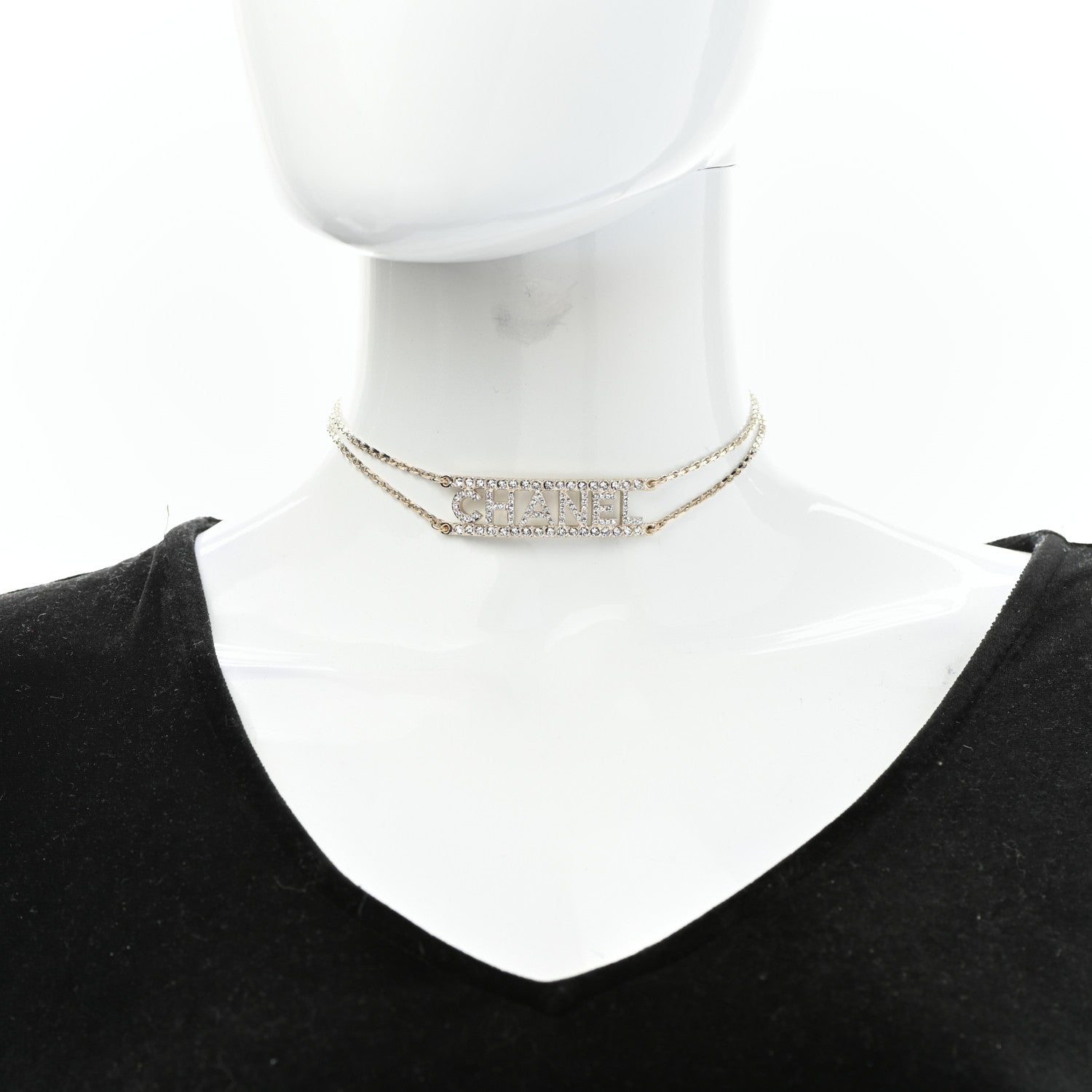 Chanel Metal Crystal Logo Choker Necklace Gold 2 of 6