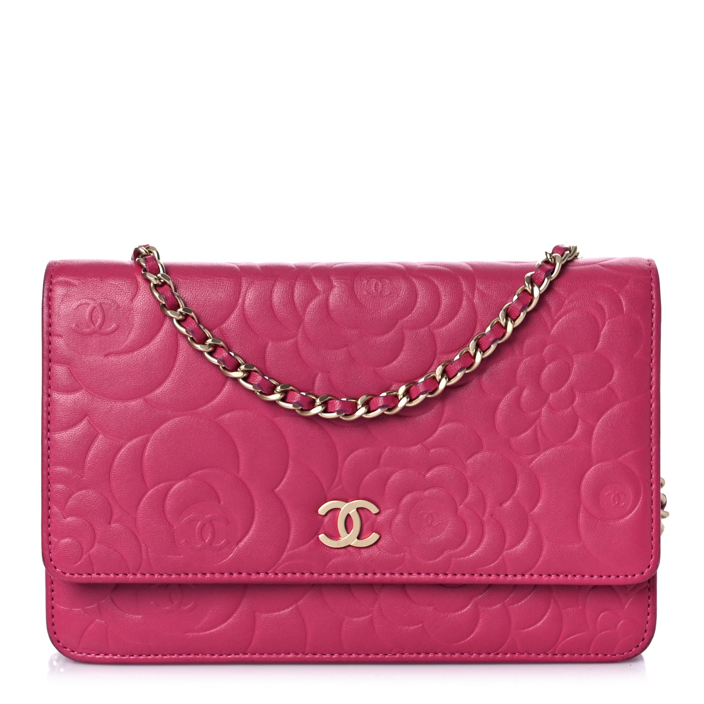 Lambskin Camellia Embossed Wallet On Chain WOC Fuchsia