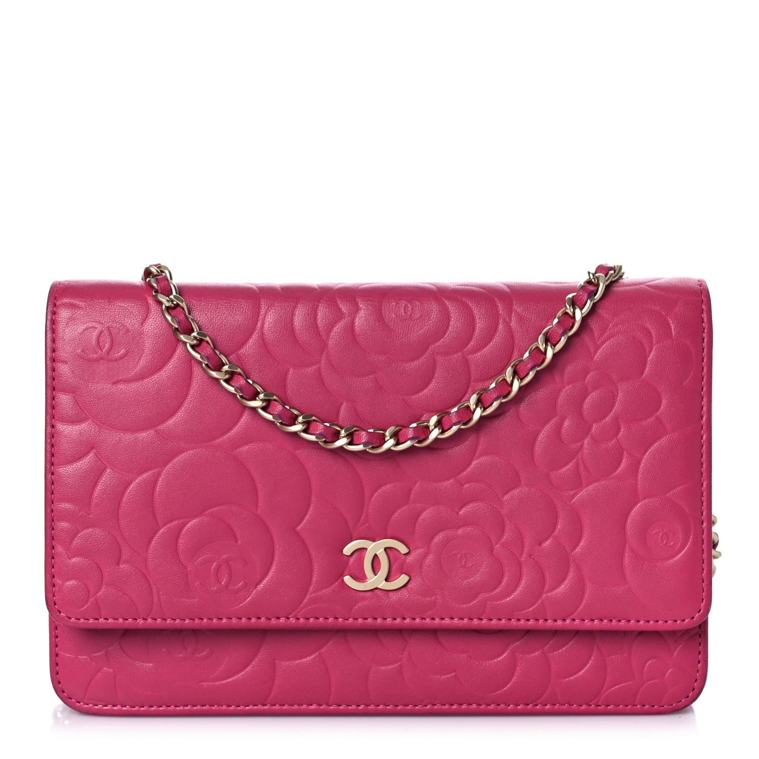 Chanel Lambskin Camellia Embossed Wallet On Chain WOC Fuchsia 1 of 11