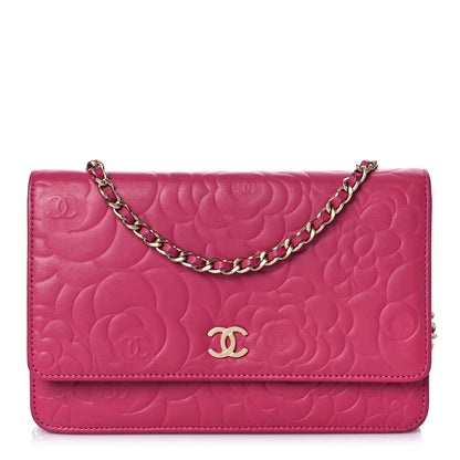 Chanel Lambskin Camellia Embossed Wallet On Chain WOC Fuchsia 1 of 11