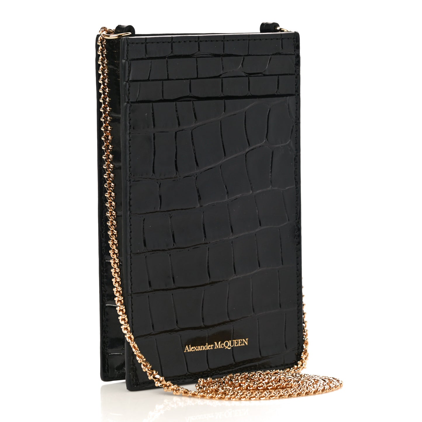 Calfskin Crocodile Embossed Skull Chain Phone Case Black