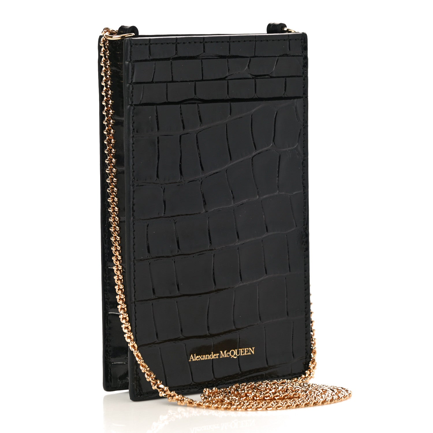 Alexander McQueen Calfskin Crocodile Embossed Skull Chain Phone Case Black 3 of 10