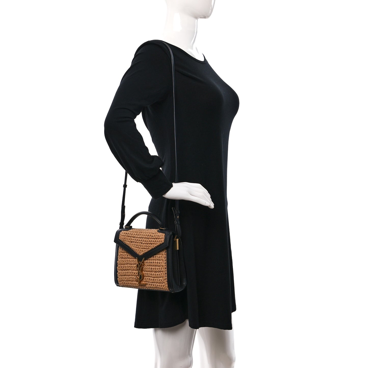 Raffia Calfskin Mini Classic Monogram Cassandra Top Handle Black Natural