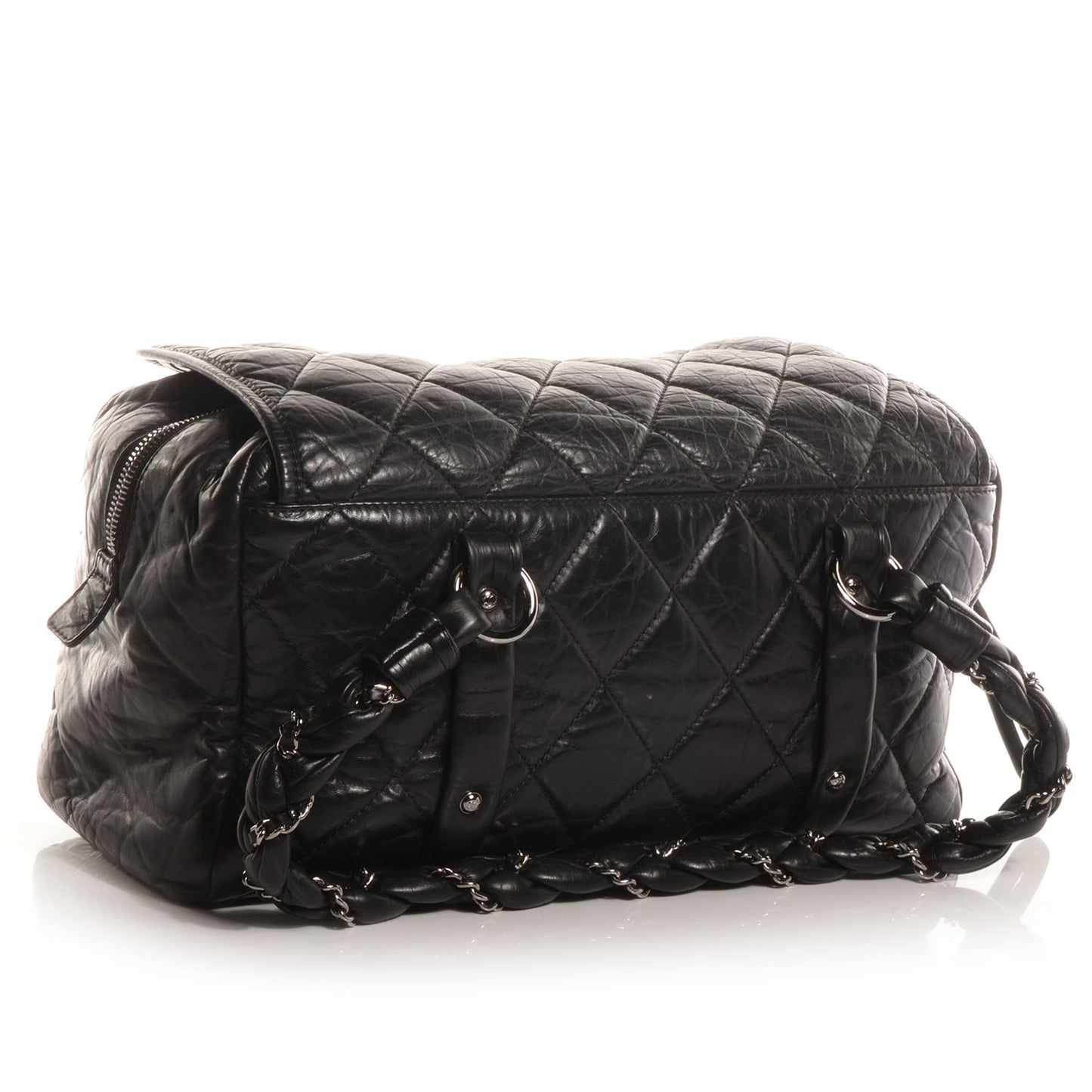 Distressed Lambskin Lady Braid Flap Tote Black