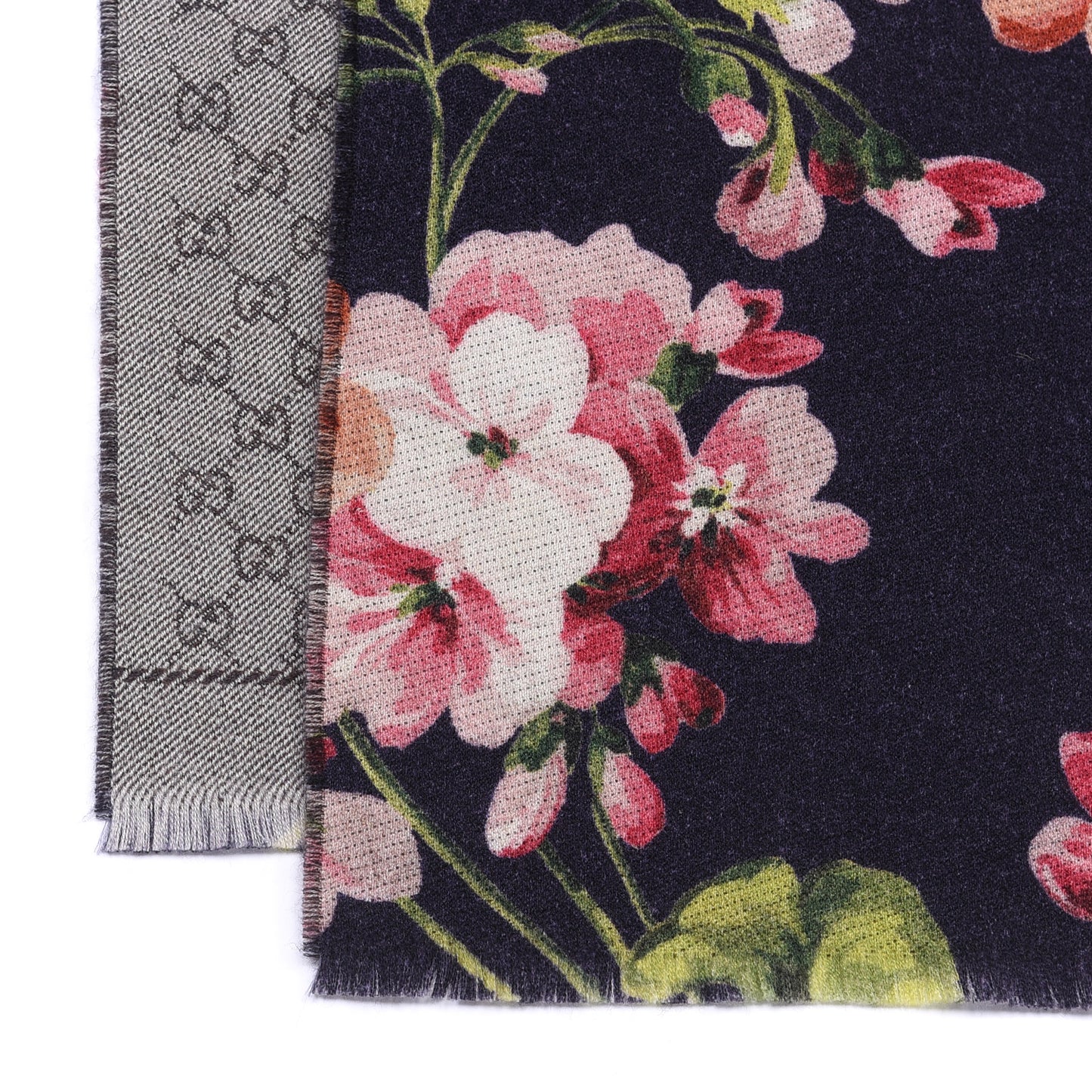 Wool Monogram Blooms Print Scarf Navy