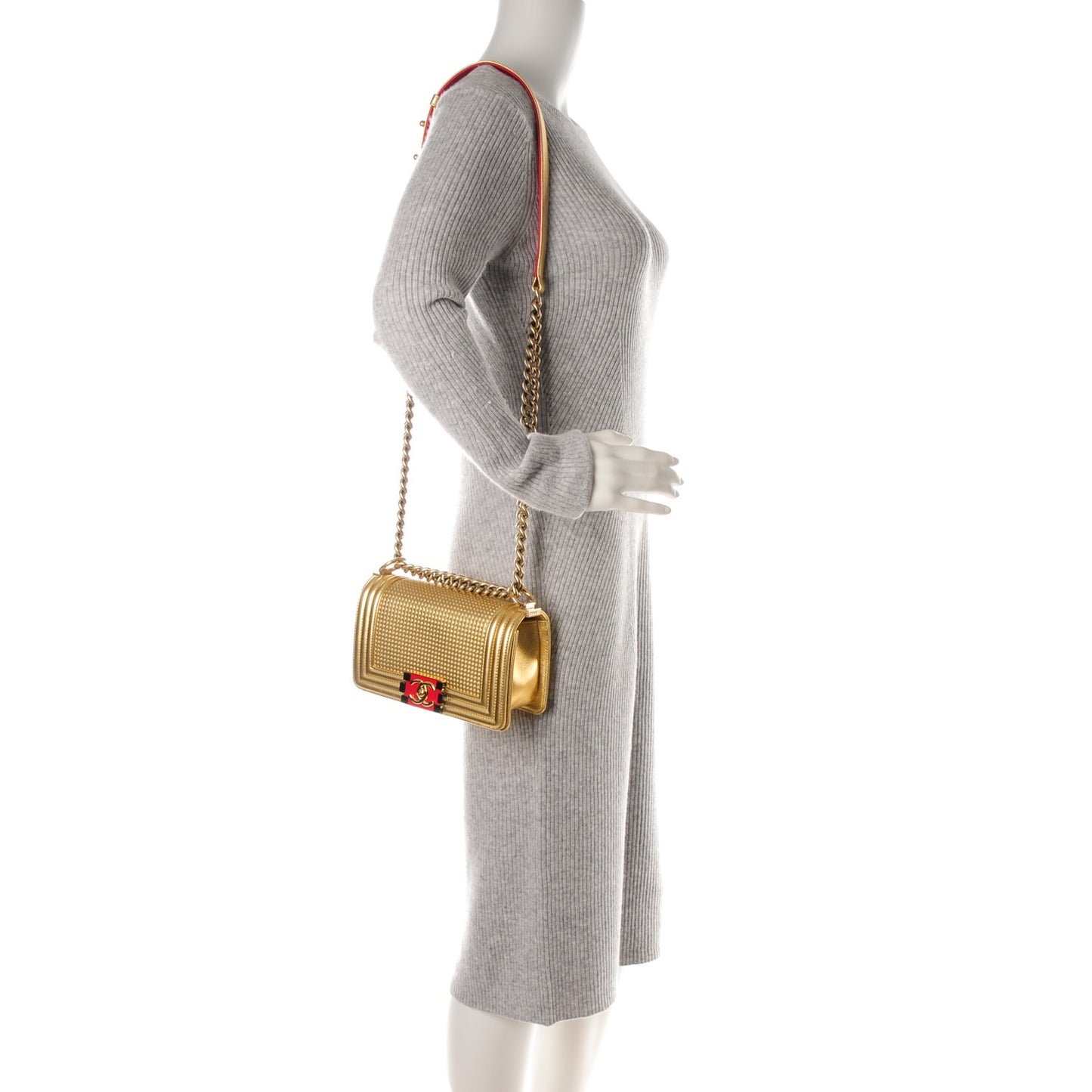 Metallic Lambskin Embossed Small Cube Boy Flap Gold