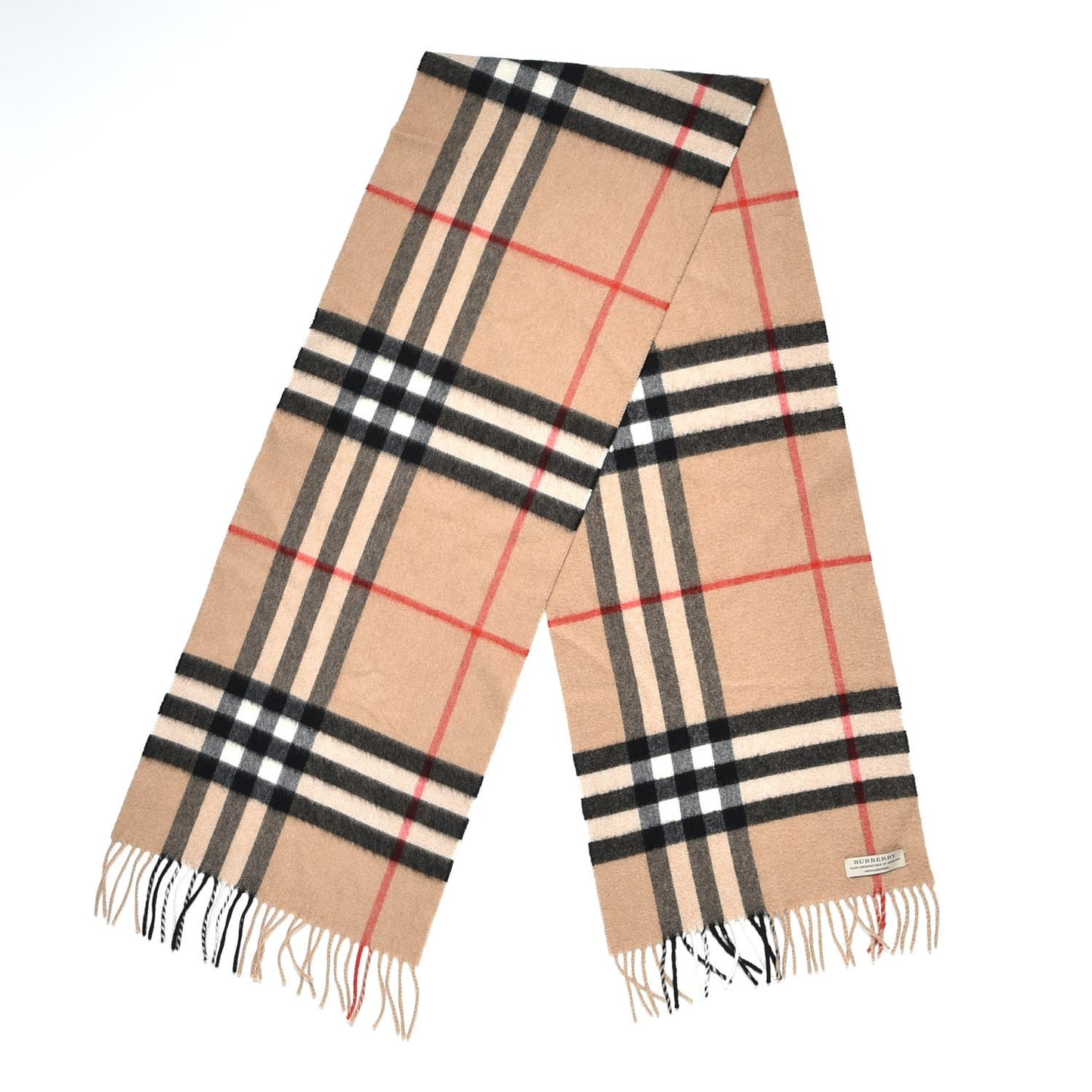 Cashmere Giant Check Fringe Scarf Camel
