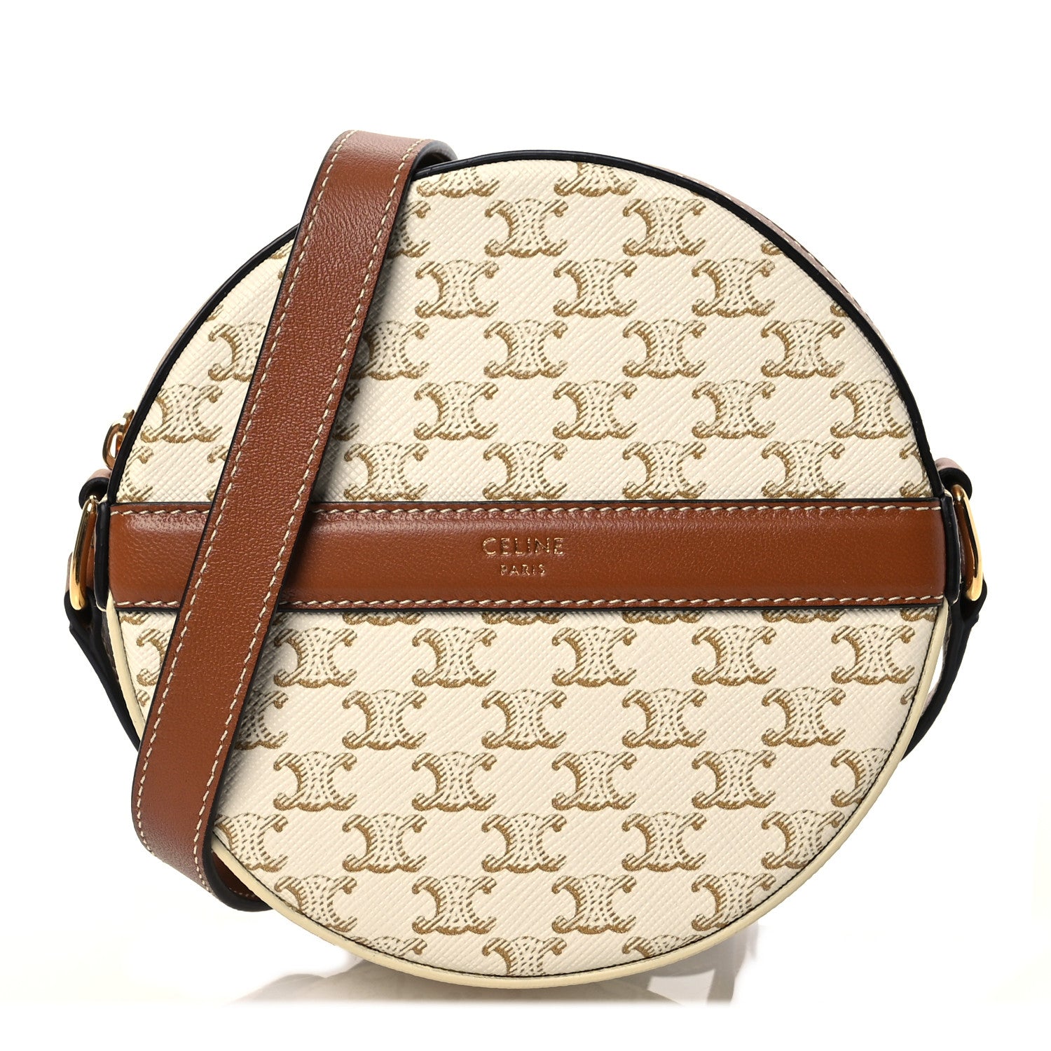 Celine Lambskin Triomphe Canvas Round Purse On Strap White Tan 1 of 11