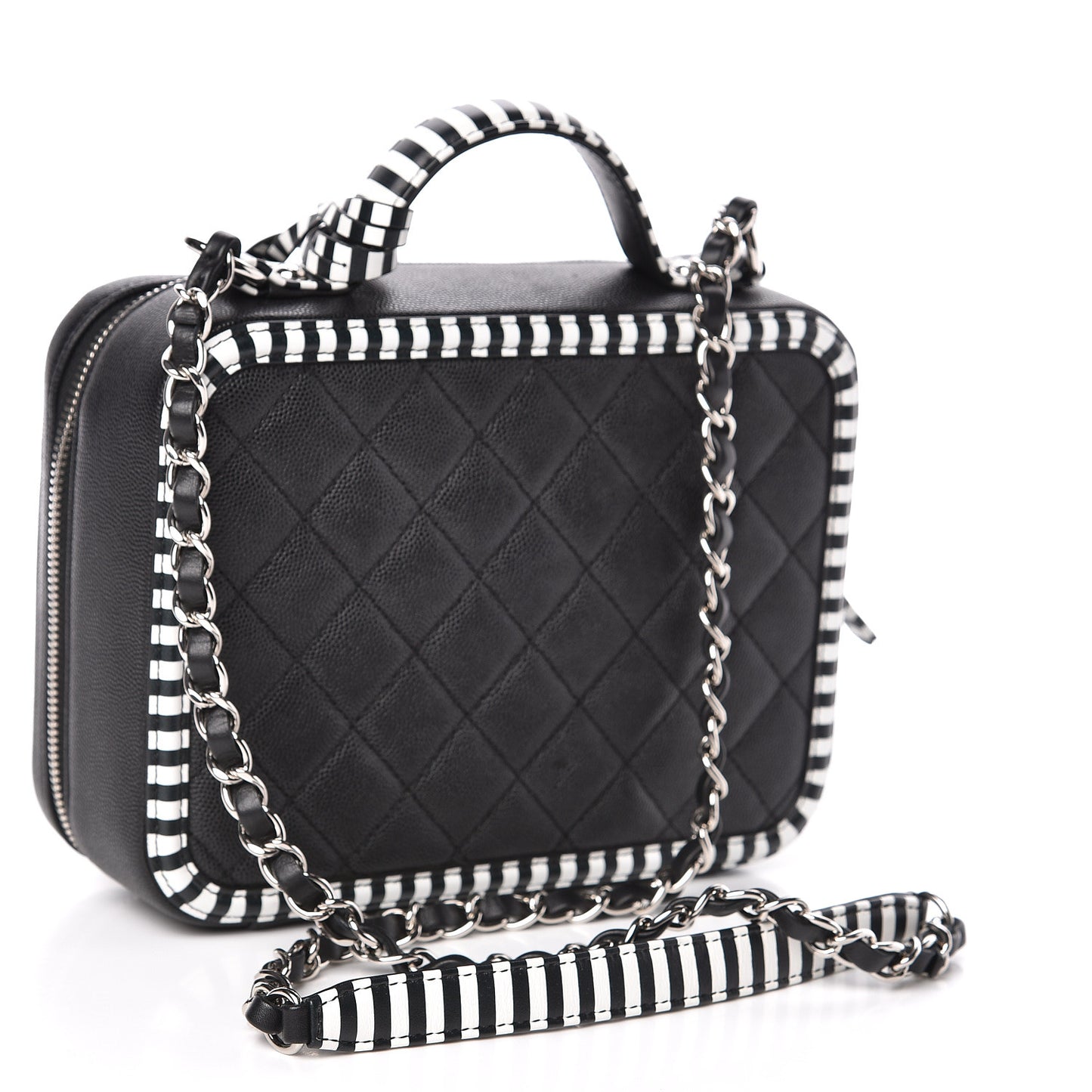 Caviar Quilted Striped Medium CC Filigree Vanity Case Black White