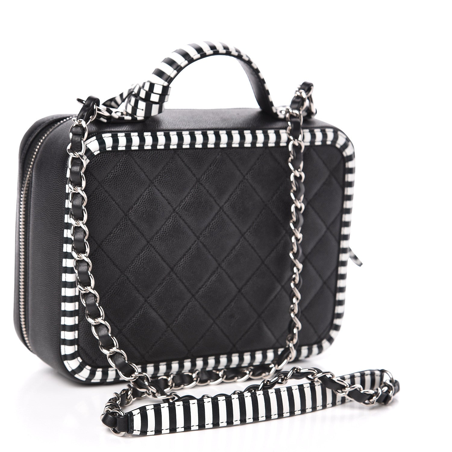 Chanel Caviar Quilted Striped Medium CC Filigree Vanity Case Black White 3 of 11