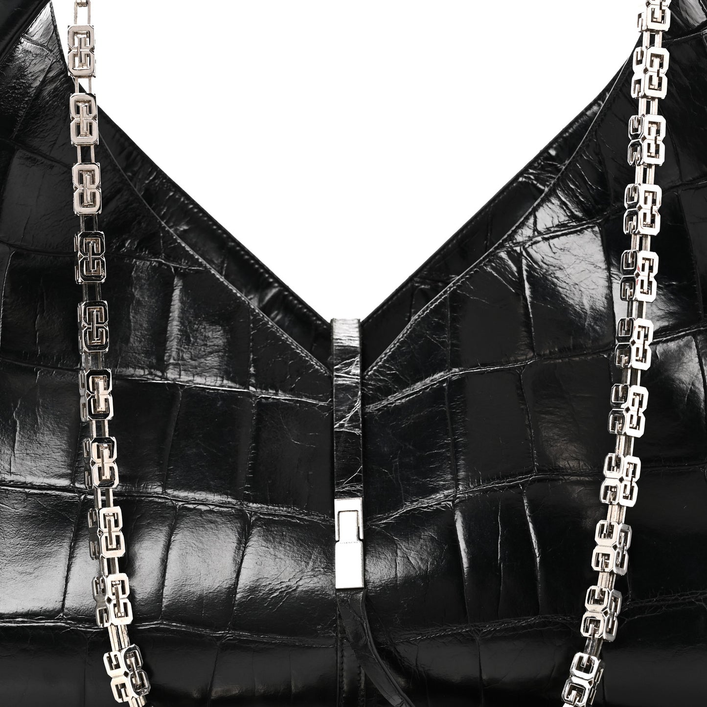 Calfskin Crocodile Embossed Large Cut Out Shoulder Bag Black