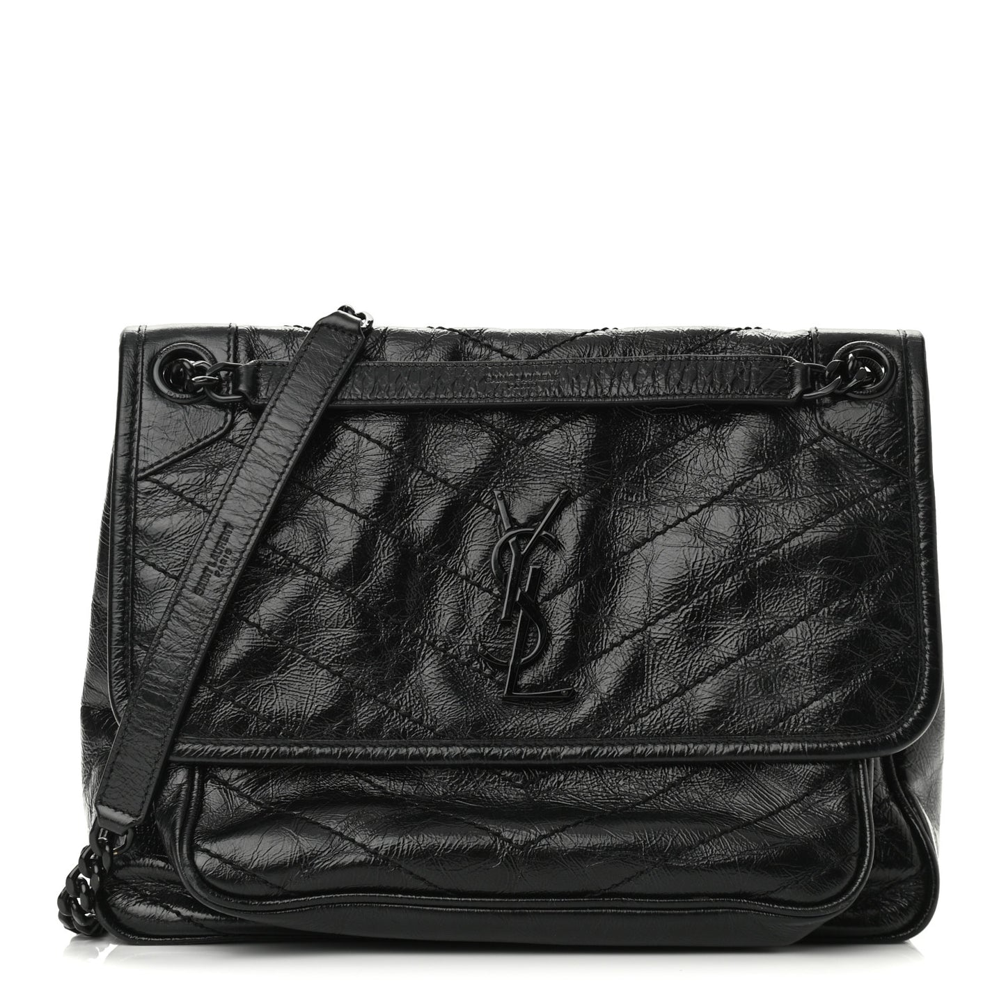 Crinkled Calfskin Matelasse Monogram Medium Niki Chain Satchel Black