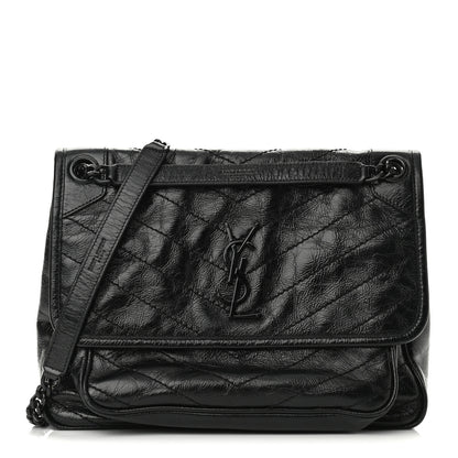 Saint Laurent Crinkled Calfskin Matelasse Monogram Medium Niki Chain Satchel Black 1 of 9