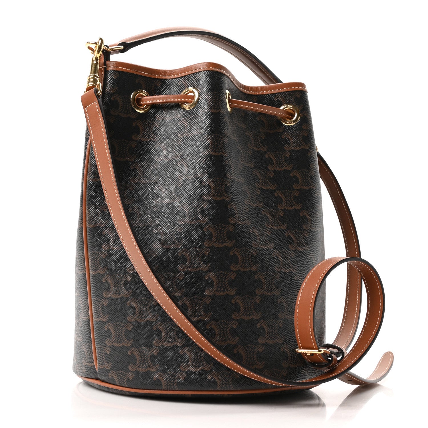 Celine Triomphe Canvas Calfskin Clara Drawstring Bucket Bag Tan 3 of 9
