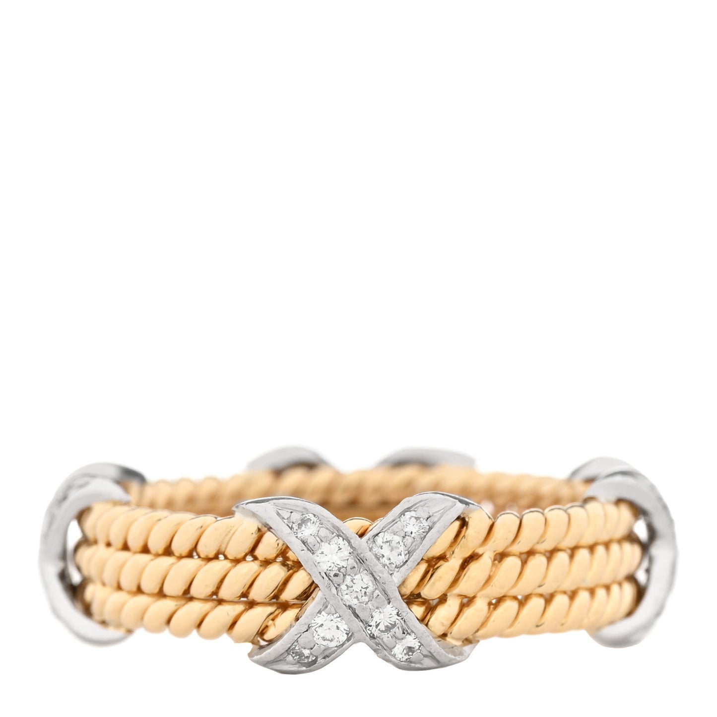 18K Yellow Gold Platinum Diamond Schlumberger Rope Three Row X Ring 57 8