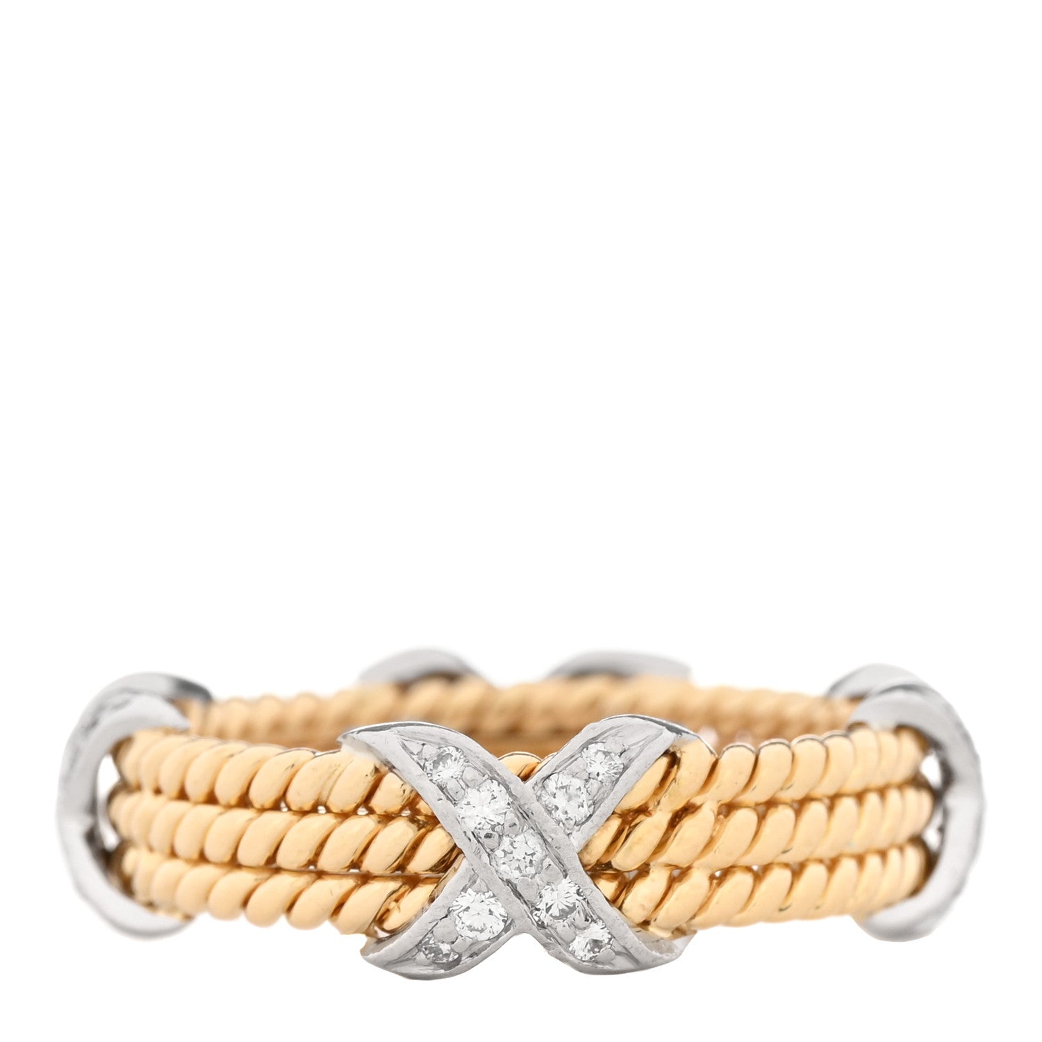 Tiffany 18K Yellow Gold Platinum Diamond Schlumberger Rope Three Row X Ring 57 8 1 of 6