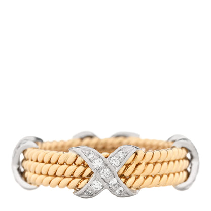 Tiffany 18K Yellow Gold Platinum Diamond Schlumberger Rope Three Row X Ring 57 8 1 of 6